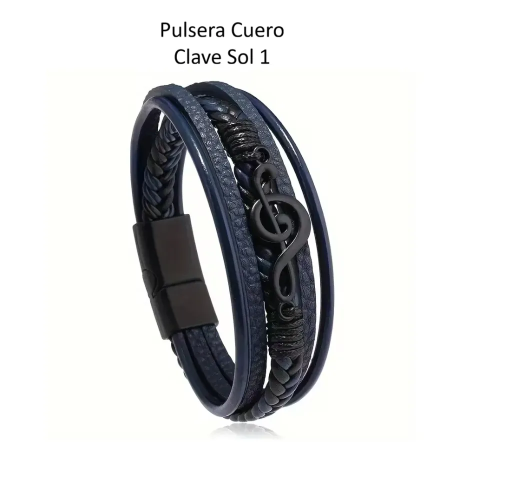 Pulsera musica, EKOS, Bisutería Joyería Musical, manilla,  cuero, guitarra, violin piano, clave sol, y otros. (Pulsera Cuero Trenzada M1).webp