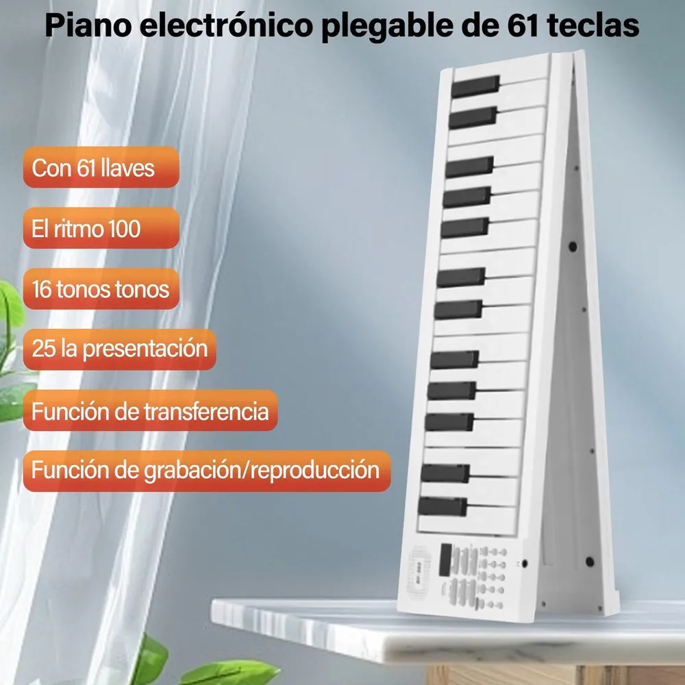 Piano 61 teclas Plegable USB LED, Organeta MOTION MPP61-W Teclado electrónico con Estuche