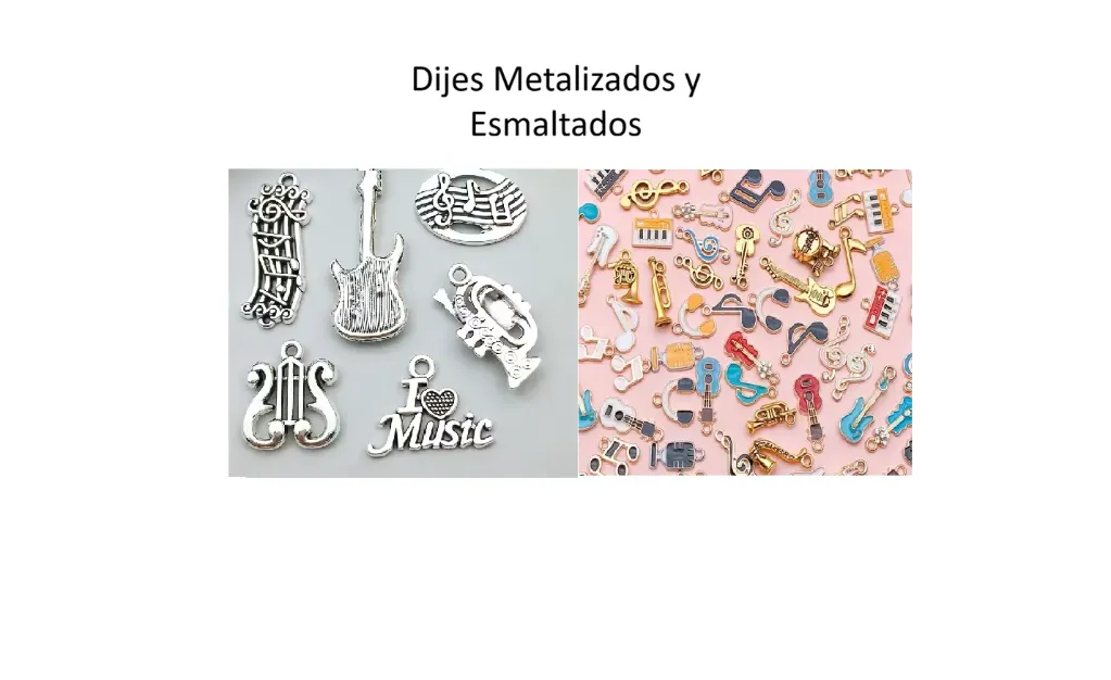 Dijes musicales (PAR), guitarra, batería, bajo violin, piano, micfófono, claves y muchos más. Bisutería, joyas para llaveros, collares, colgantes